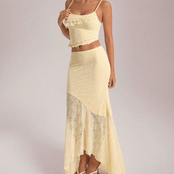 Apricot Elegant Women's Asymmetrical Lace Vest & Ruffled Skirt Set